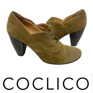Coclico Sz EU 37 US 6.5-7 Olive Suede Cone Heeled Lace Up Booties Shooties